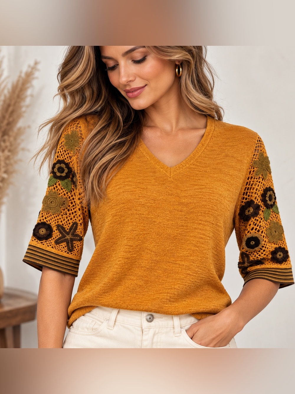 MELEDY Wool Blend Sweater S Mustard Crochet Floral Applique Boho Knit Top